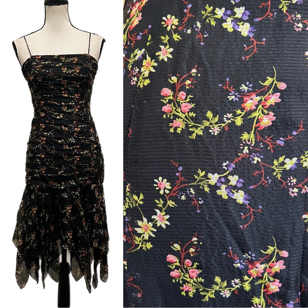 ✨6HR SALE✨Vintage Betsey Johnson Silk Sheer Floral Ruched Handkerchief Hem Dress
